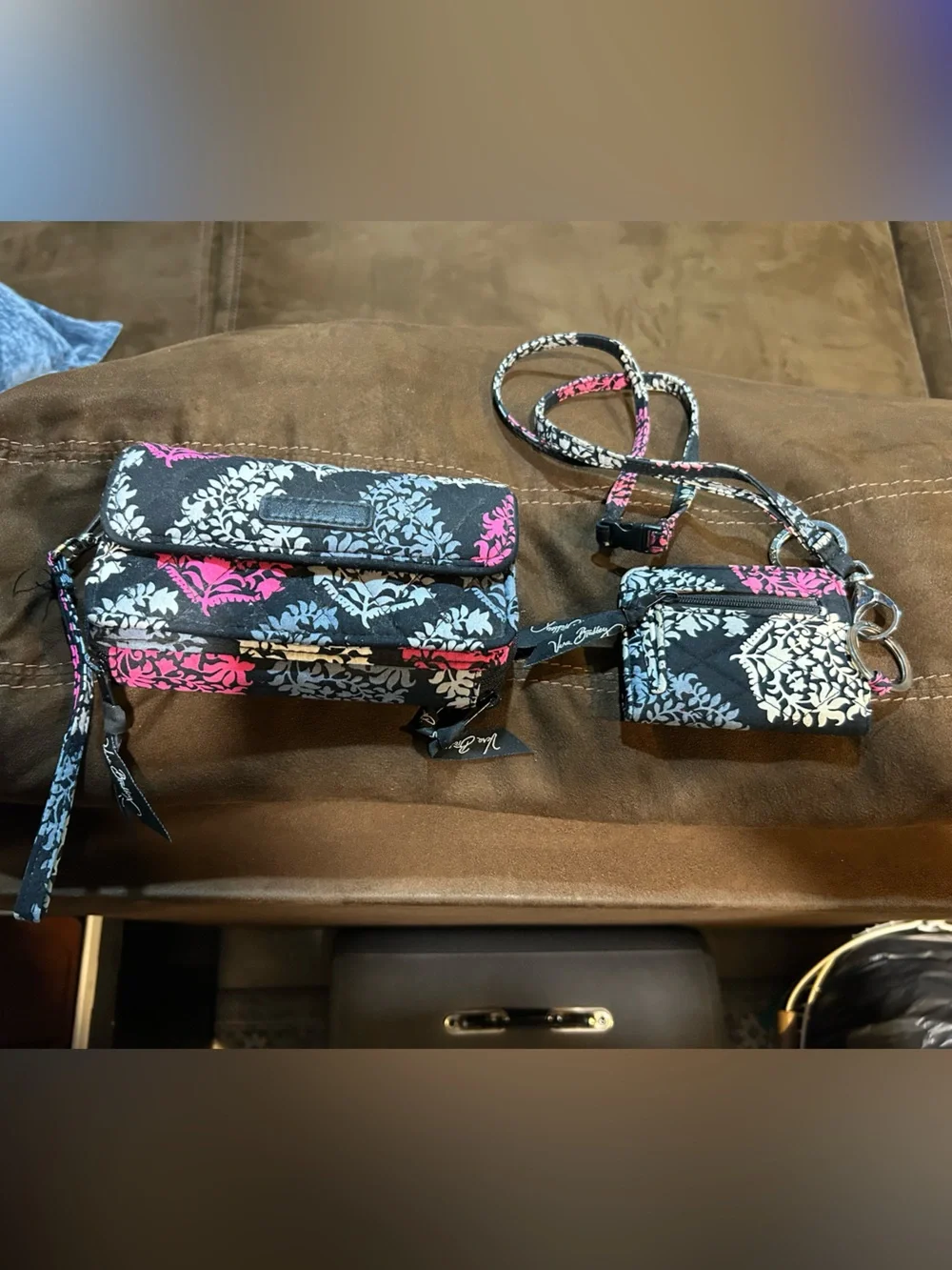 Floral Quilted Wristlet and matching Wallet in Black with Pink & Blue - NEW - Picture 2 of 12